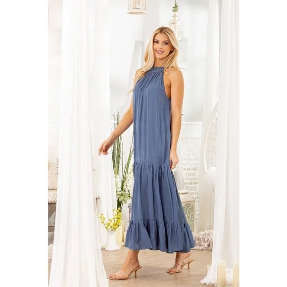 New Blue Rayon Spandex dress tie back ruffle tier wedding guest daytime maxi - Picture 2 of 3